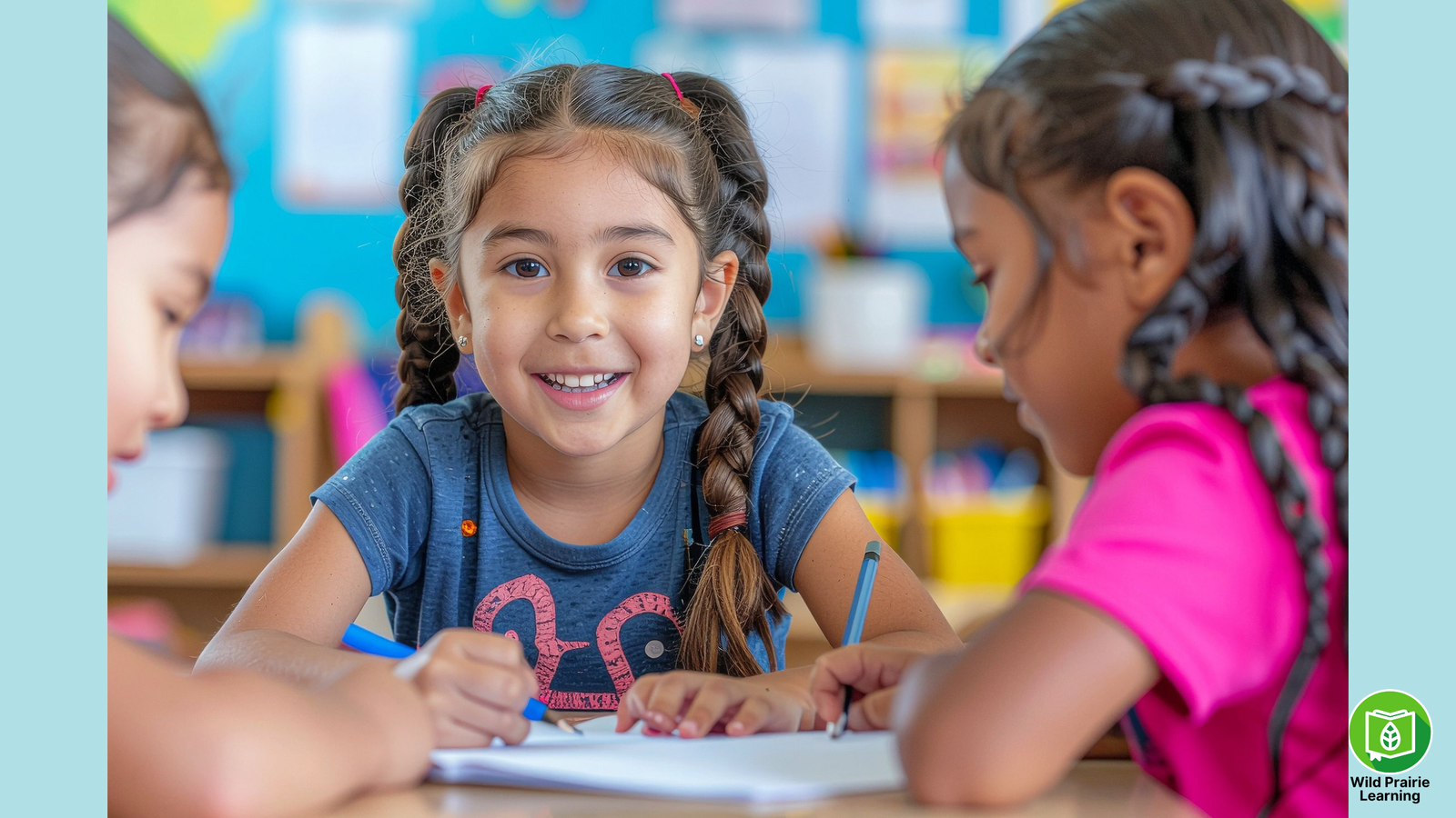 A group of elementary students sitting together at a table, smiling and engaged in a collaborative writing activity.